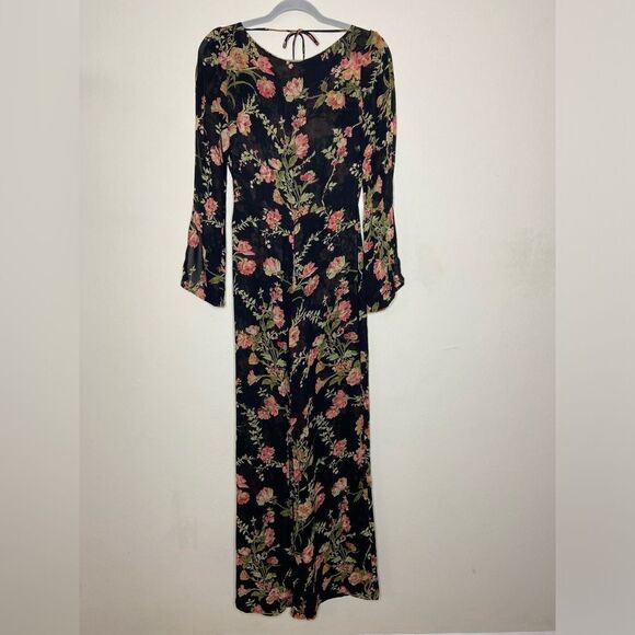 Reformation Sherwood Black Jumpsuit Floral Open Long Sleeve Flared Leg Size 2 - Picture 5 of 8